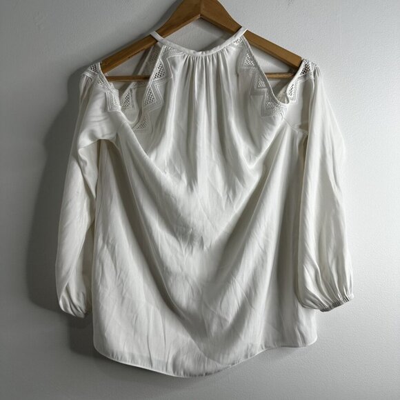 Ramy Brook Blouse Womens M/L White Cold Shoulder Lace Trim Long Sleeve Top - Picture 9 of 11